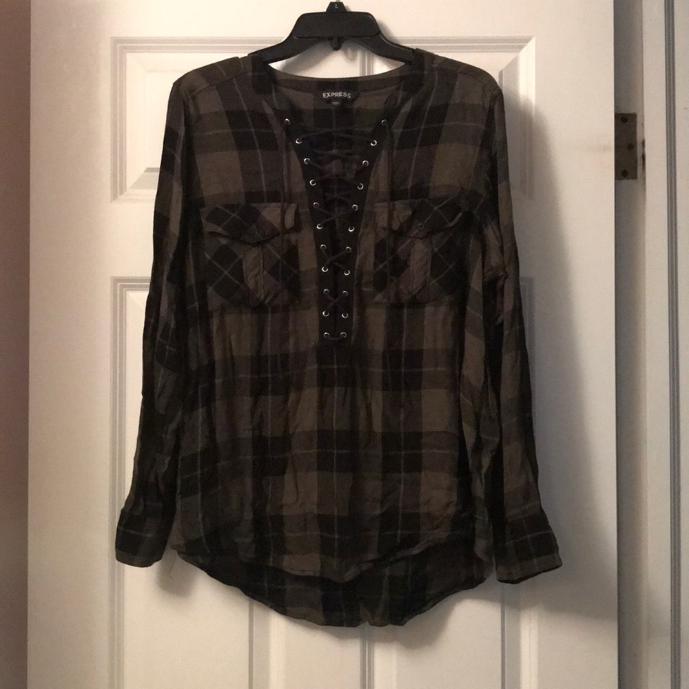 Express Green Plaid Lace Up Top